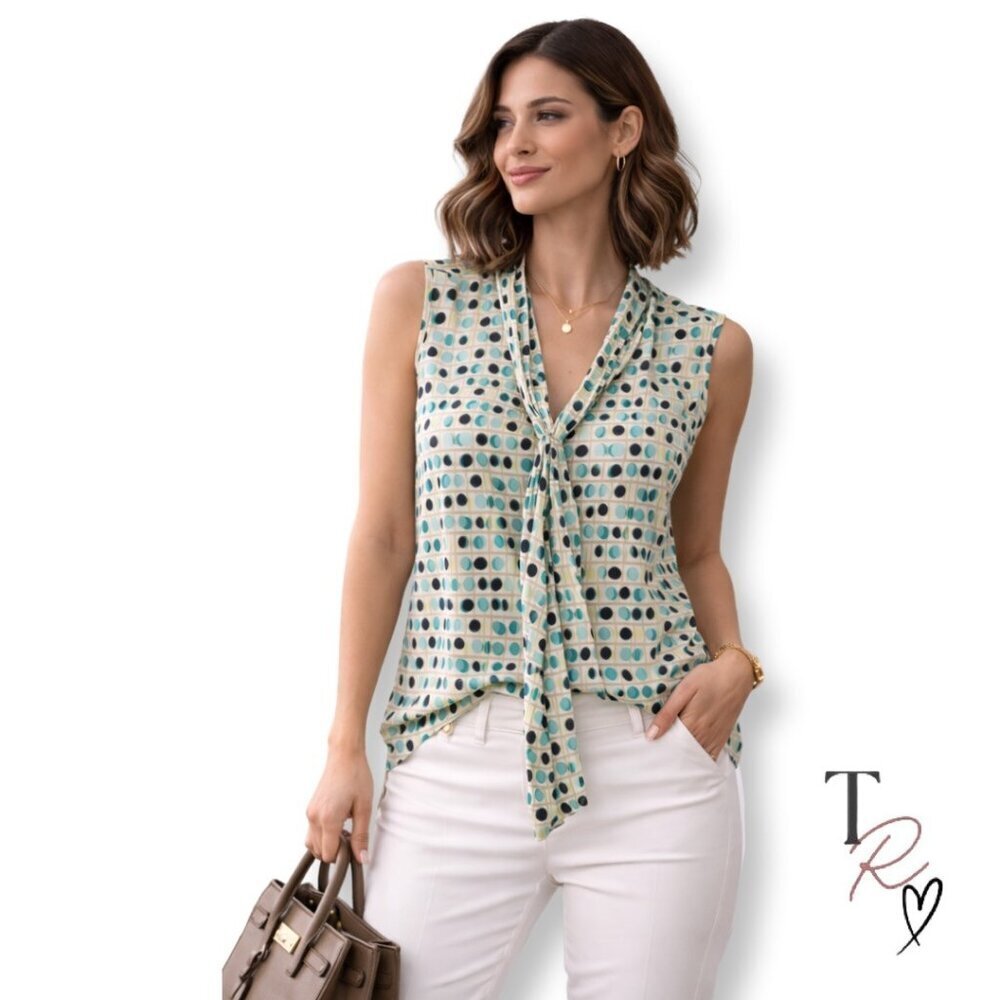 Zac & Rachel Sleeveless Tie Neck Blouse Geometric Dot Print Size Small